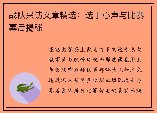 战队采访文章精选：选手心声与比赛幕后揭秘