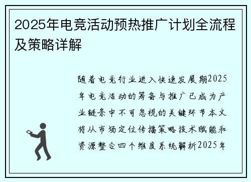 2025年电竞活动预热推广计划全流程及策略详解